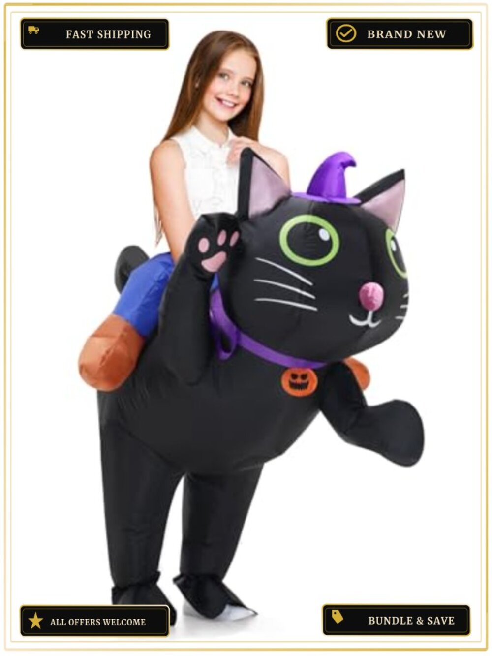 Searhmomo Inflatable Cat Costume for Kids Ride On Blow Up Halloween Cosplay